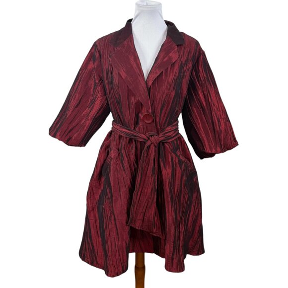 Puli Plisse Crepe Ruby Red Shirt Dress 16 Holiday Party Pockets Button-up Belted - Picture 2 of 9